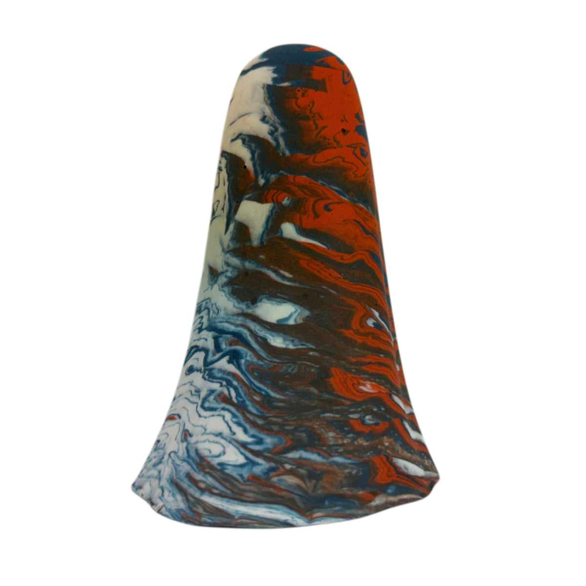 Halrik Windfall Ghost figurine, rear angled view showing pale cream with fine deep blue and burnt orange marbling flowing across the lower body.