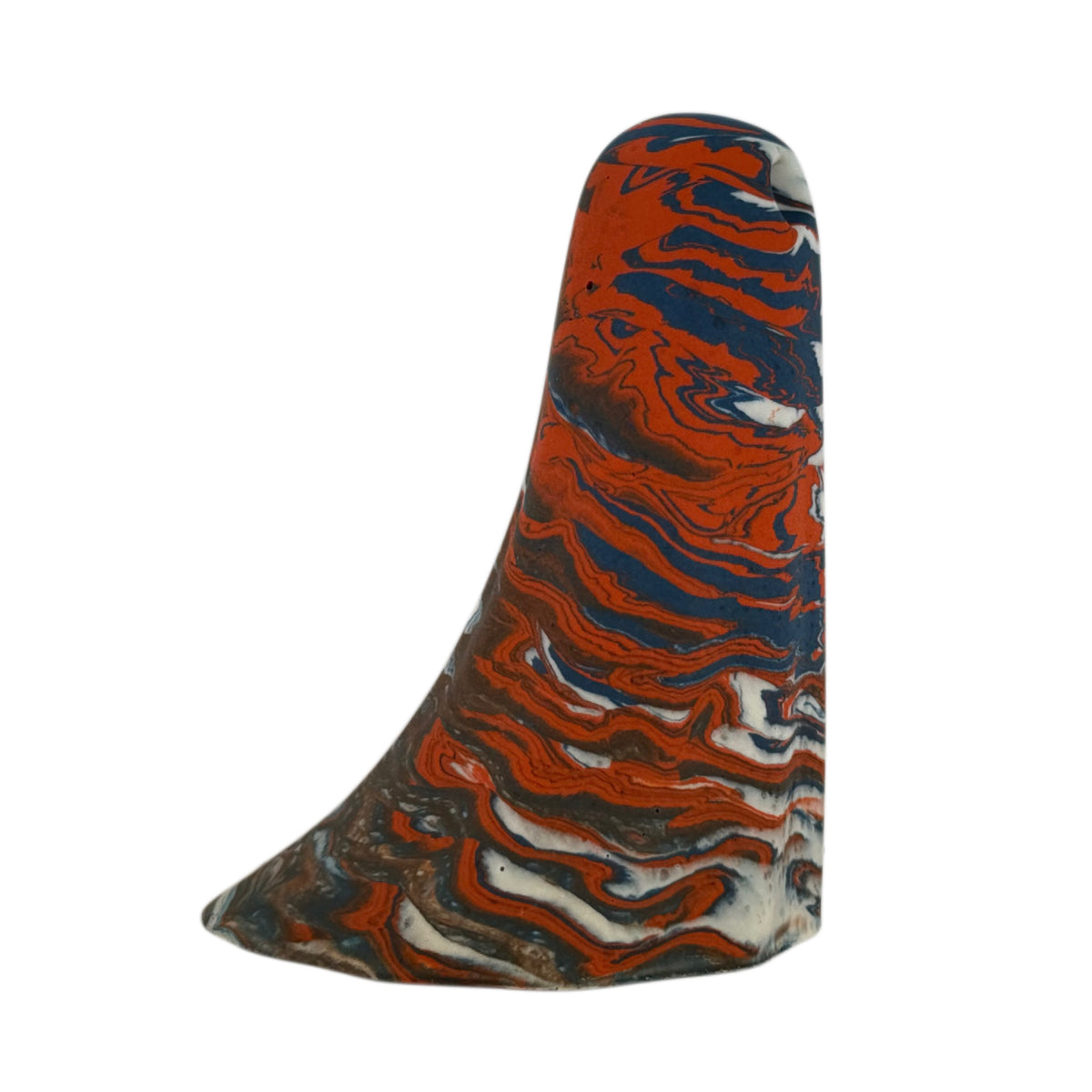 Halrik Windfall Ghost figurine, side view showing deep blue and burnt orange marbling flowing across the lower body.