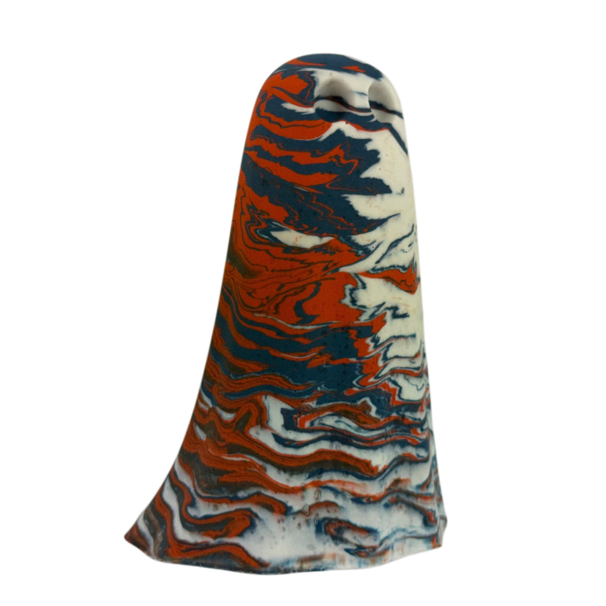 Halrik Windfall Ghost figurine, angled side view showing cream body with sweeping deep blue and burnt orange marbling across the upper half.