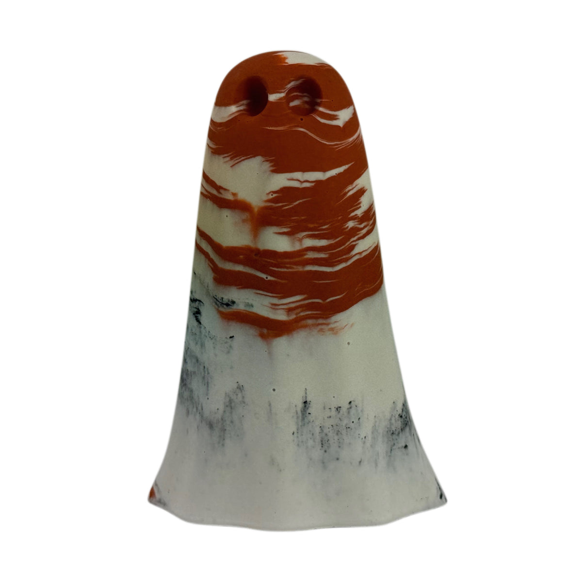 Mie, handmade Windfall Ghost figurine in burnt orange, cream and charcoal marbled finish, front view.