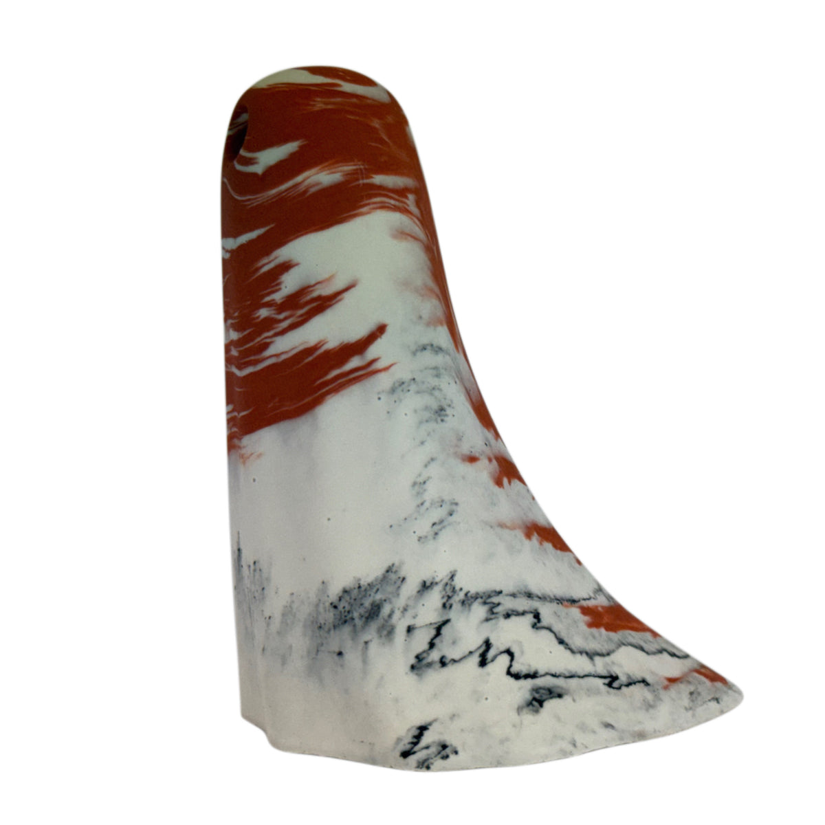 Mie Windfall Ghost figurine, side view showing cream body with charcoal and orange marbling at the base and crown.