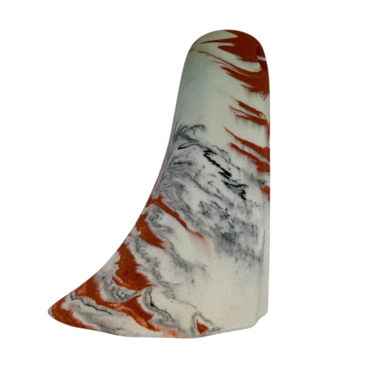 Mie Windfall Ghost figurine, rear angled view showing cream body with charcoal and orange marbling at the base and crown.
