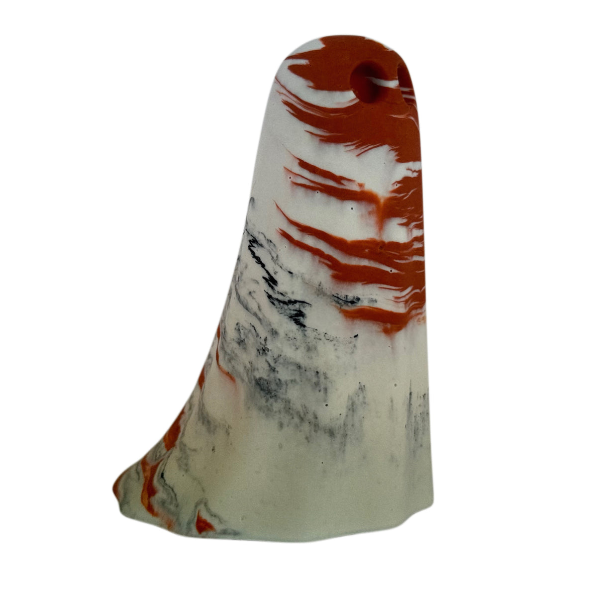 Mie Windfall Ghost figurine, angled side view showing burnt orange banding over cream with dark marbling near the base.