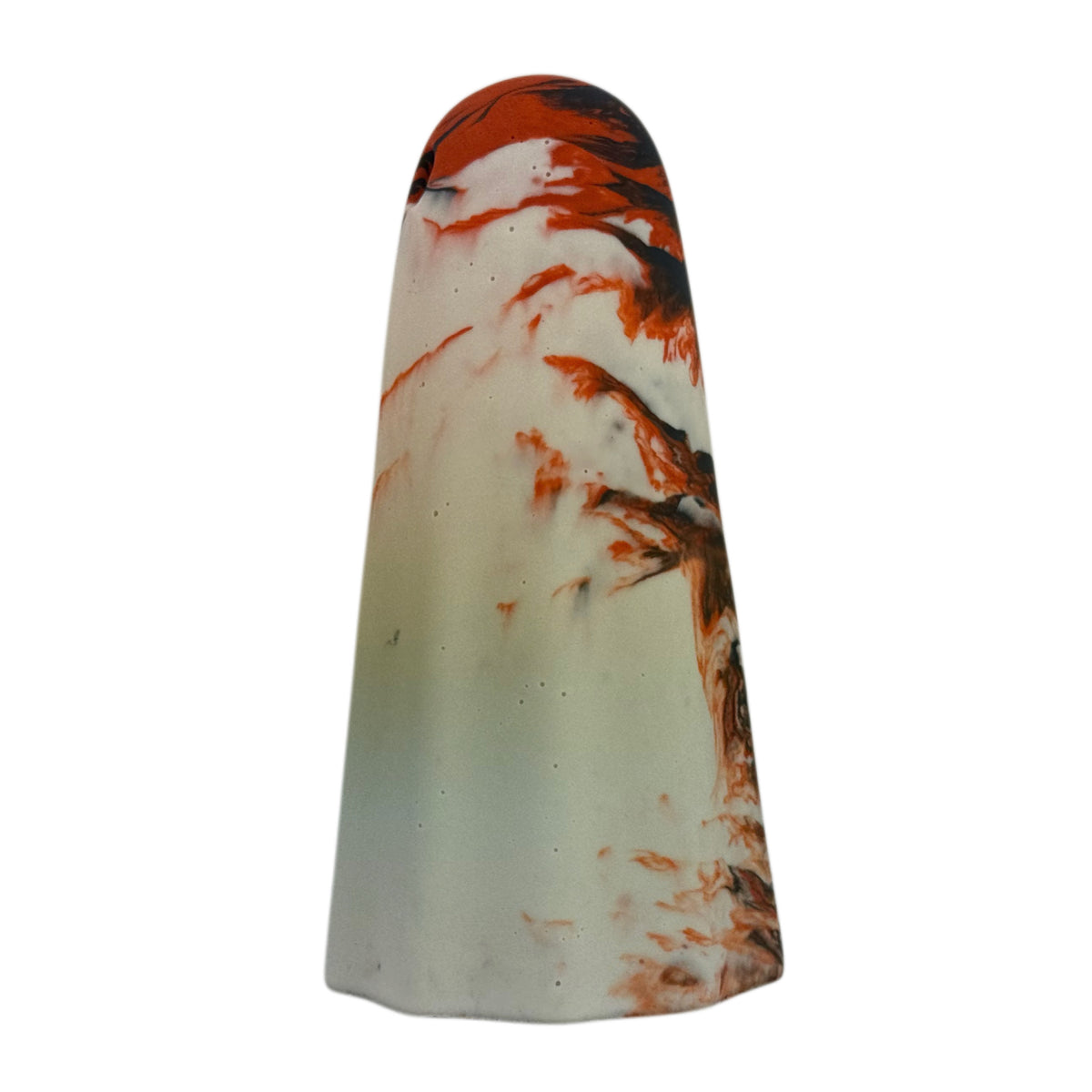 Ossrik Windfall Ghost figurine, opposite side view showing old cream with sweeping burnt orange and dark charcoal marbling along the upper and lower body.