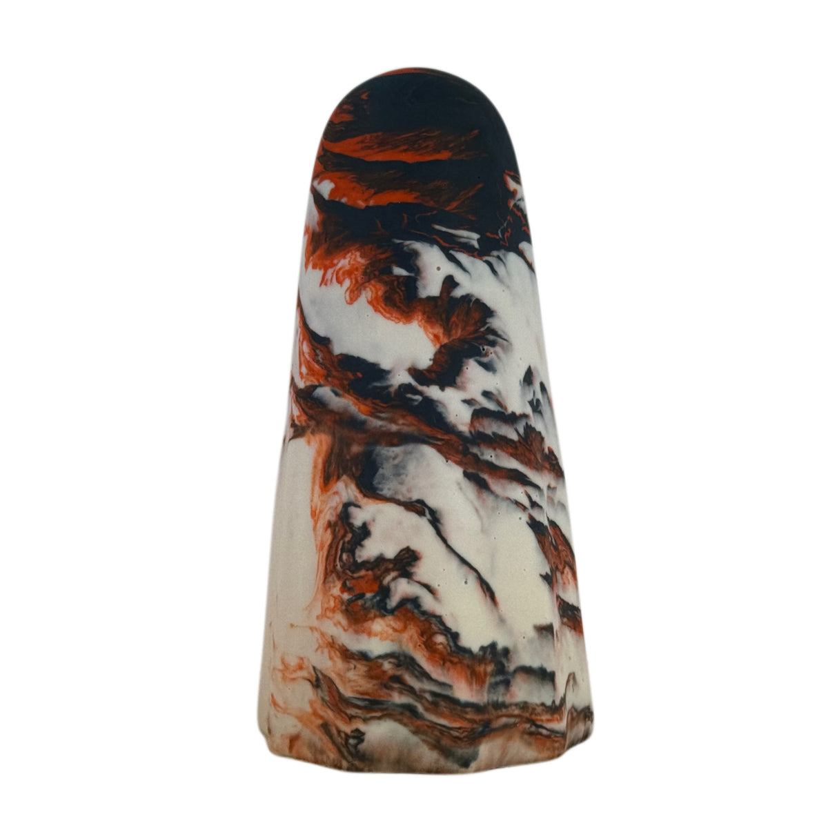 Ossrik Windfall Ghost figurine, rear view showing dense charcoal-black and burnt orange marbling over an old cream base.