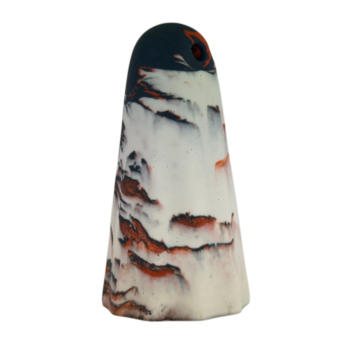 Ossrik Windfall Ghost figurine side view showing a pale cream body with burnt orange and charcoal-black marbling concentrated around the crown.