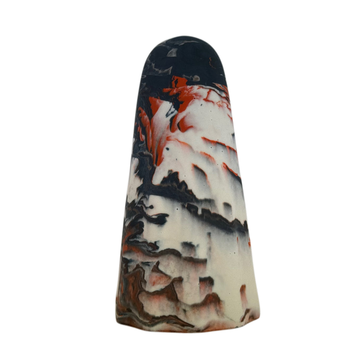 Rupert Windfall Ghost figurine, rear  view showing old cream with dark charcoal marbling and small burnt orange details along the upper and lower body.