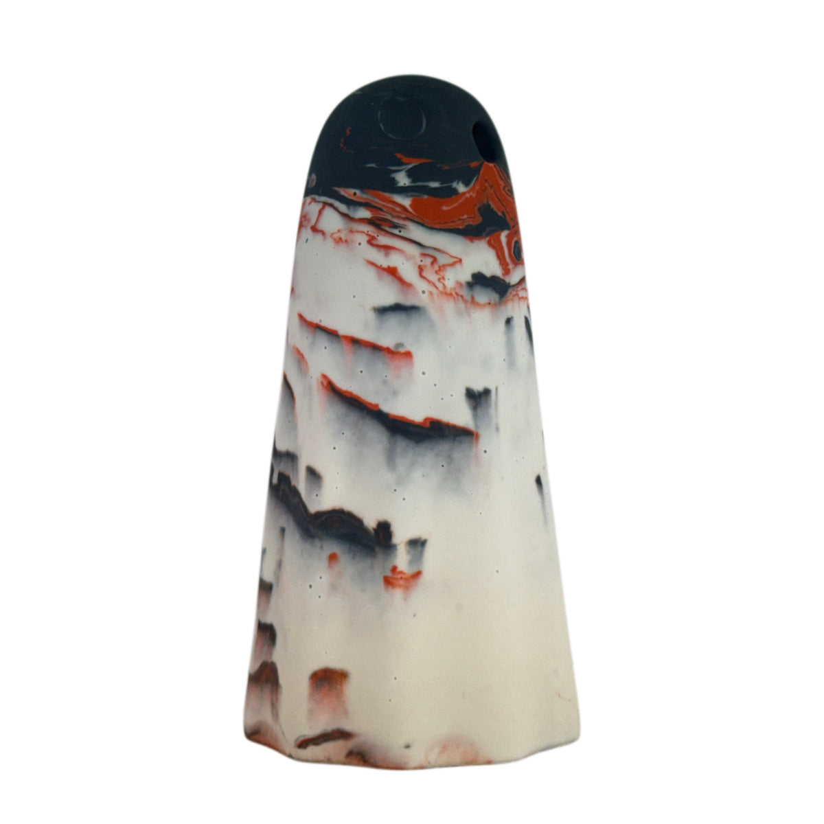 Rupert Windfall Ghost figurine, side view showing old cream with dark charcoal marbling and small burnt orange details along the upper and lower body.