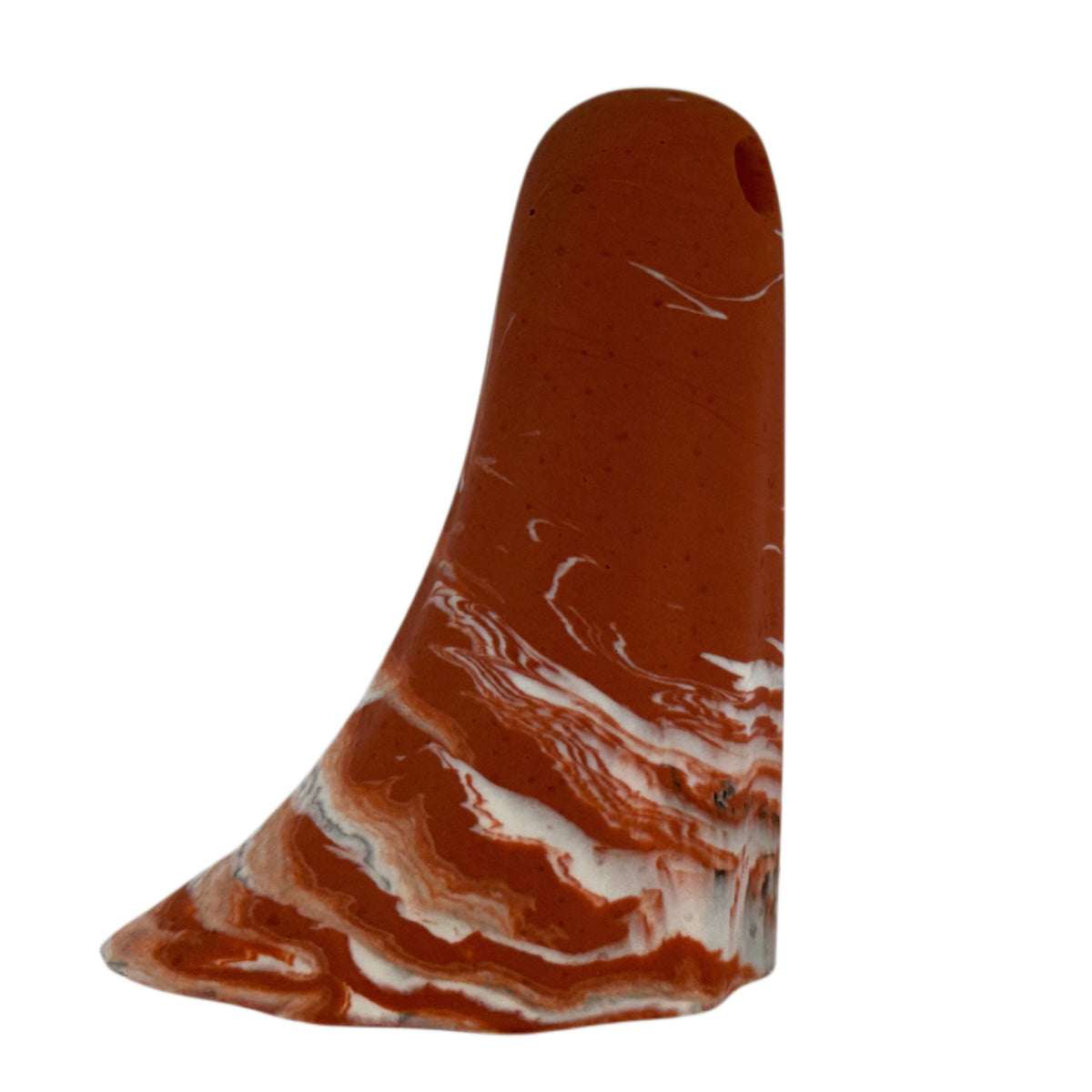 Sophia Windfall Ghost figurine, side view showing cream body with burnt orange and charcoal marbling sweeping across the crown and lower edge.