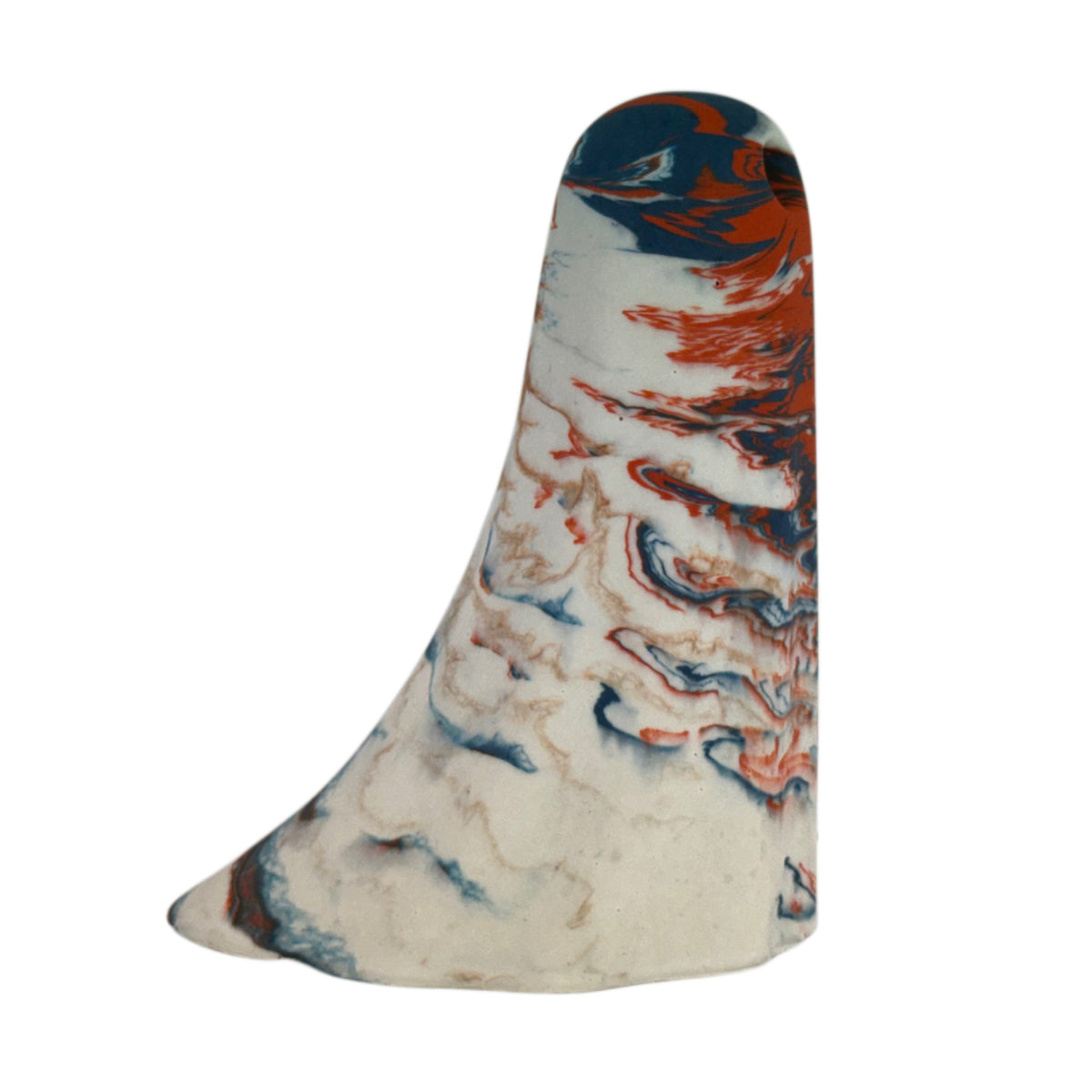 Varden Windfall Ghost figurine, side view showing cream body with fine burnt orange and deep blue marbling sweeping down from the crown.