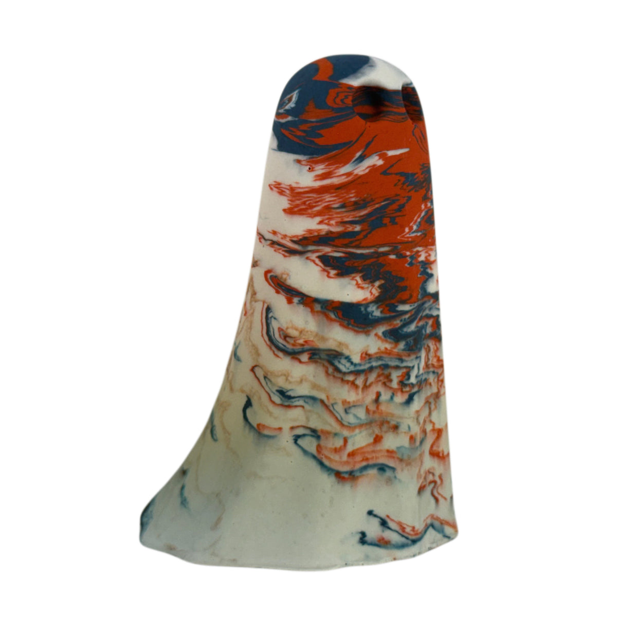Varden Windfall Ghost figurine, angled side view showing burnt orange and deep blue marbling concentrated across the crown over a pale cream body.