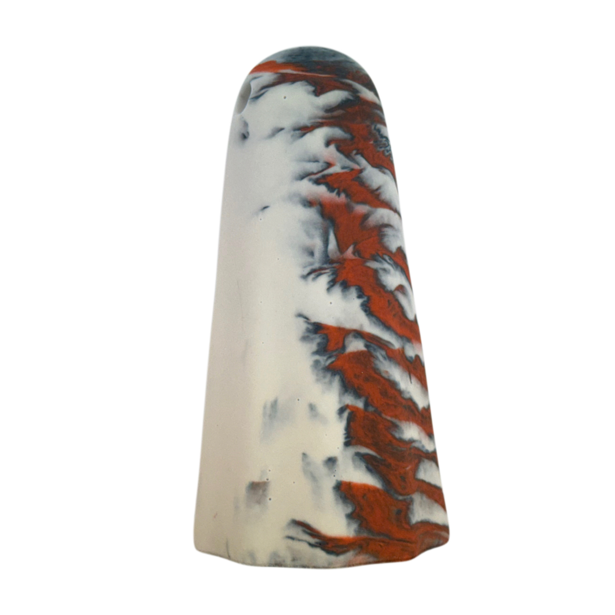 Vargrim Windfall Ghost figurine, side view showing pale cream body with subtle charcoal haze and burnt orange markings around the crown and outer edge.