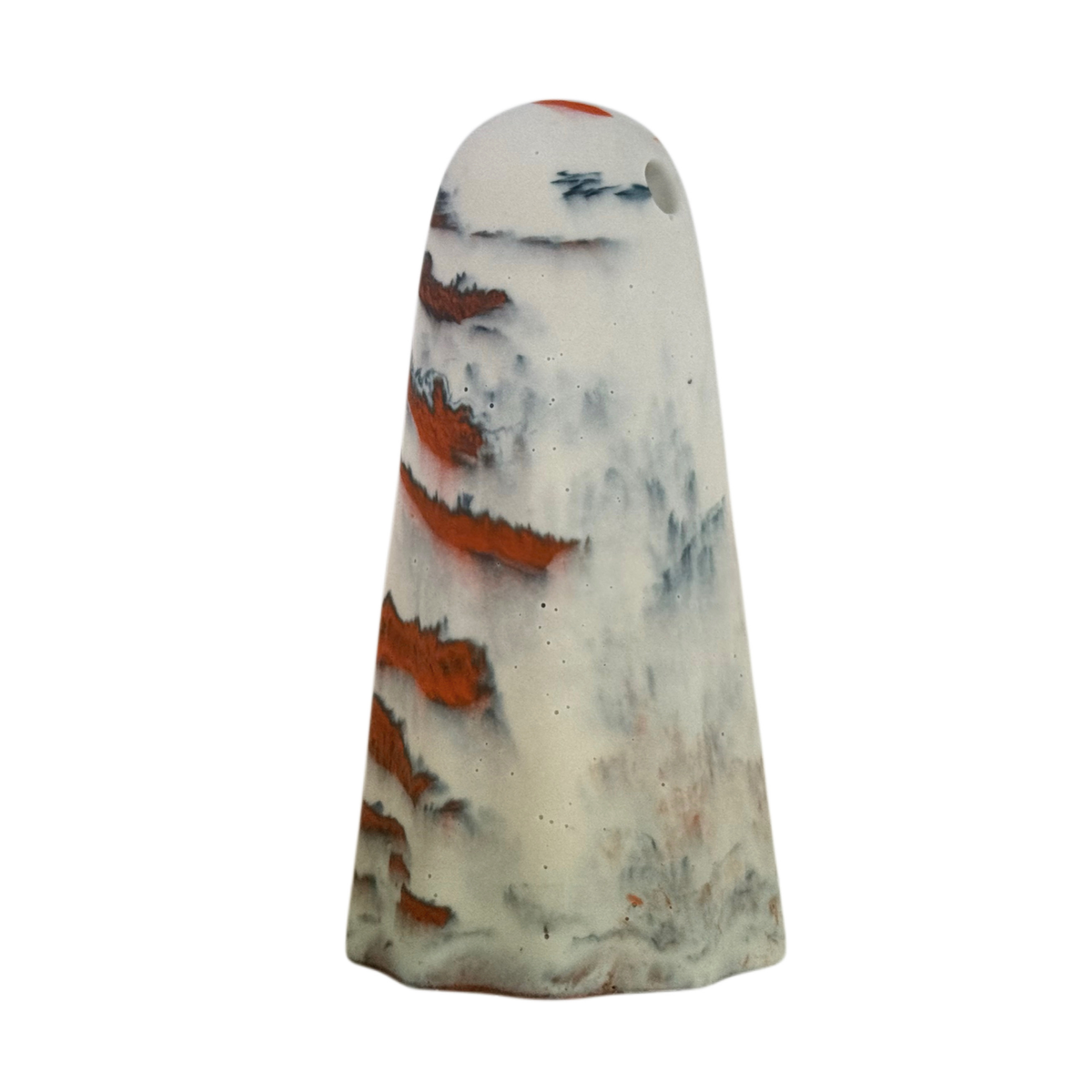 Vargrim Windfall Ghost figurine, opposite side view showing old cream with smoky charcoal marbling and small burnt orange accents near the base and crown.