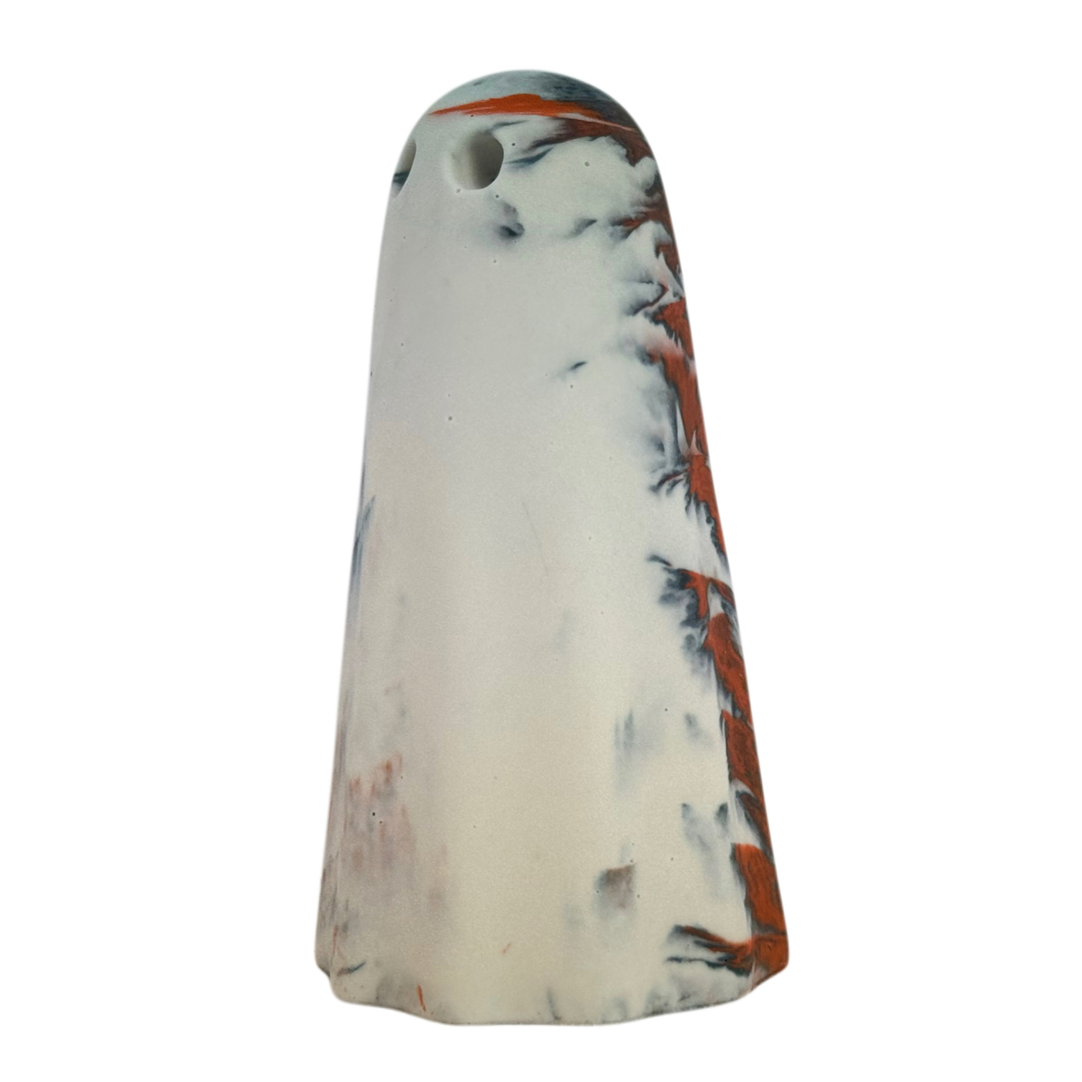 Vargrim Windfall Ghost figurine, angled side view showing pale cream body with subtle charcoal haze and burnt orange markings around the crown and outer edge.