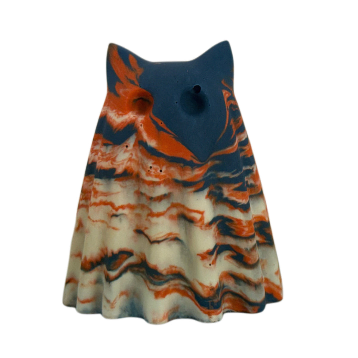 Cornelius, Windfall ghost cat figurine in deep navy, burnt orange, cream and charcoal marbled finish, front view.
