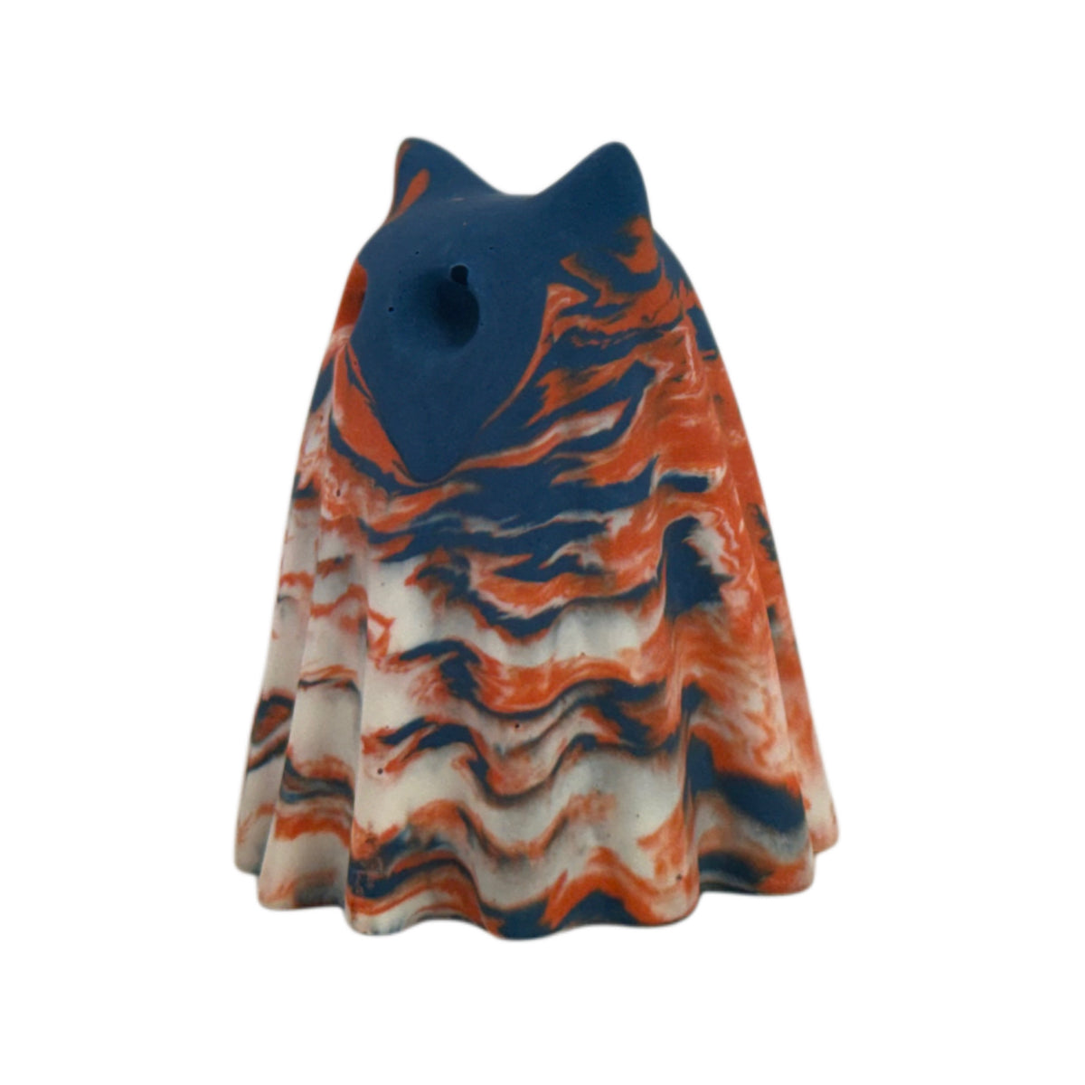 Cornelius Windfall Familiar figurine, angled side view showing a dark navy crown with vivid burnt orange marbling across the body.