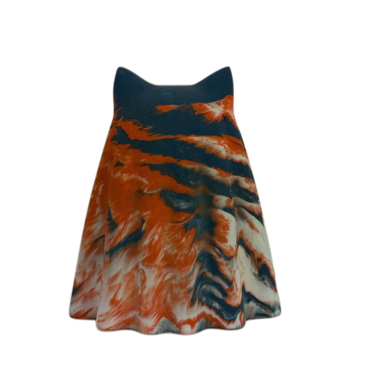 Cornelius Windfall ghost cat figurine, rear view showing layered navy, burnt orange and cream marbling with soft charcoal undertones.