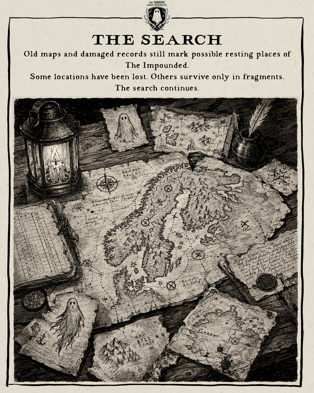 A 1600s woodcut style image depicting the history of the Ghost Merchants Guild and The Nordic Ghost Merchants.