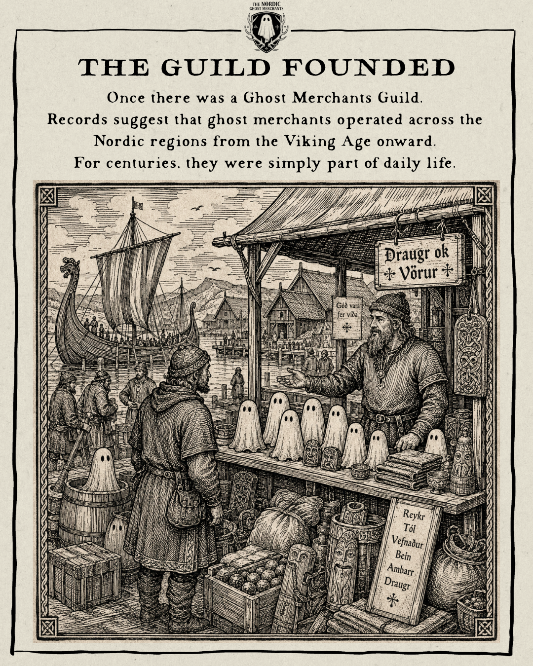 A 1600s woodcut style image depicting the history of the Ghost Merchants Guild and The Nordic Ghost Merchants.
