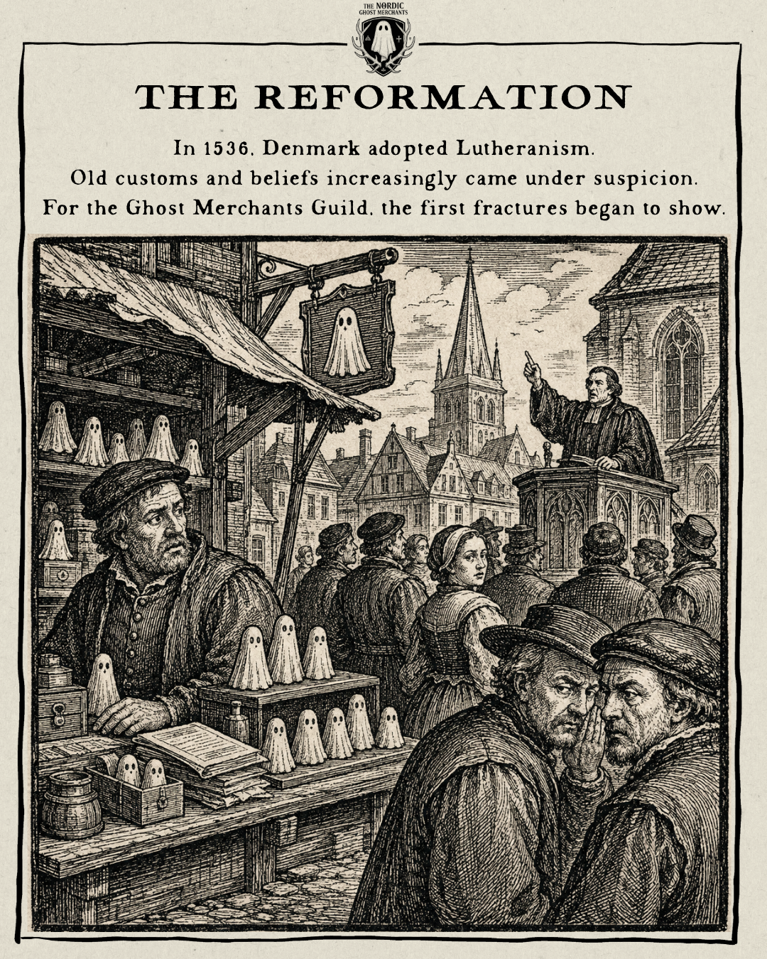 A 1600s woodcut style image depicting the history of the Ghost Merchants Guild and The Nordic Ghost Merchants.