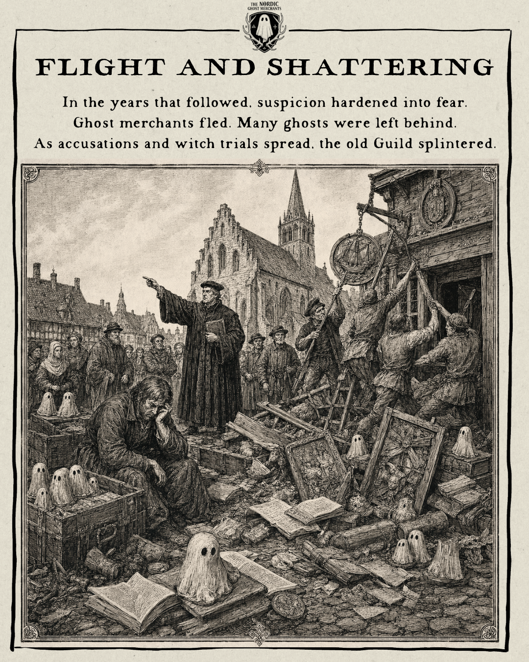 A 1600s woodcut style image depicting the history of the Ghost Merchants Guild and The Nordic Ghost Merchants.