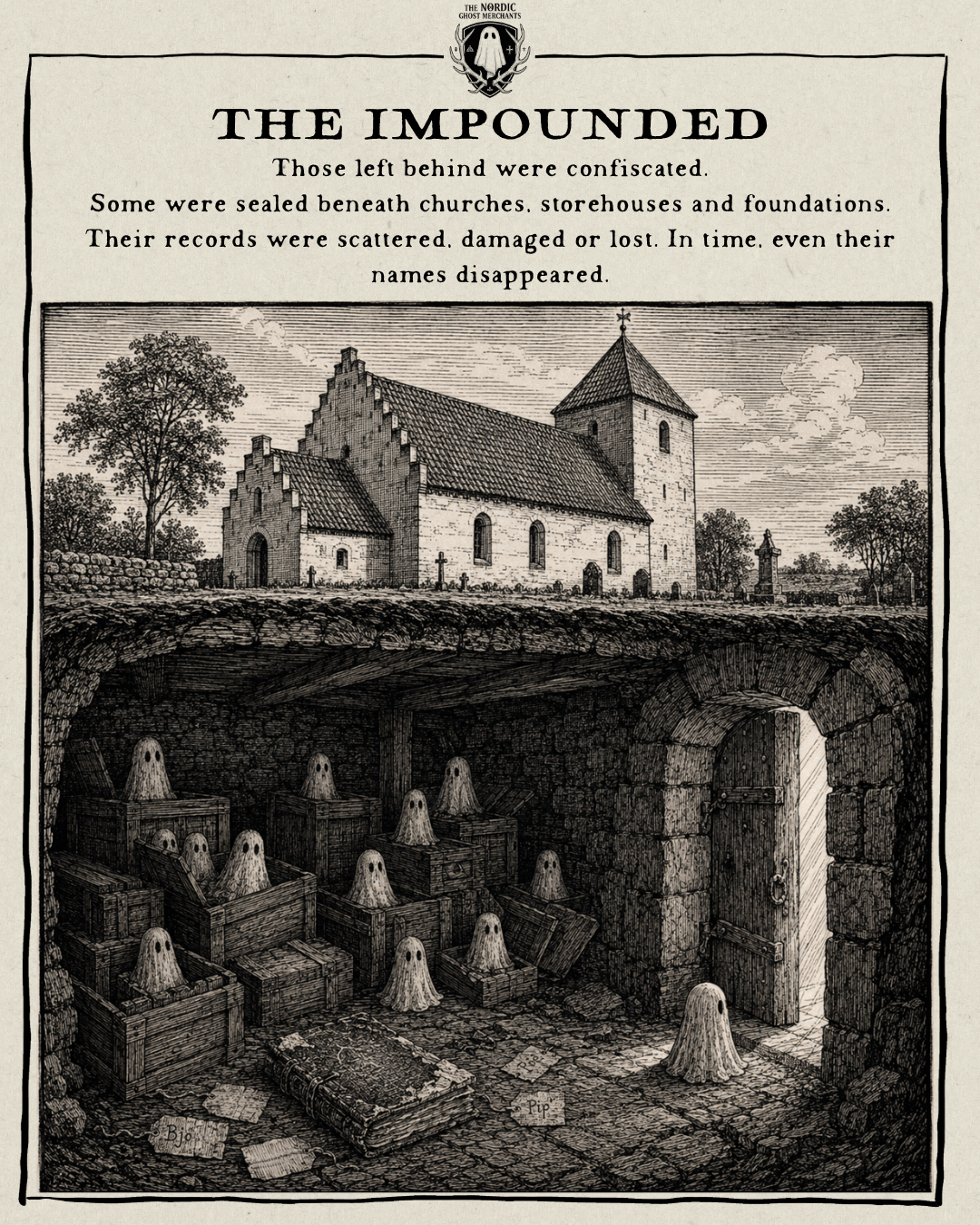A 1600s woodcut style image depicting the history of the Ghost Merchants Guild and The Nordic Ghost Merchants.