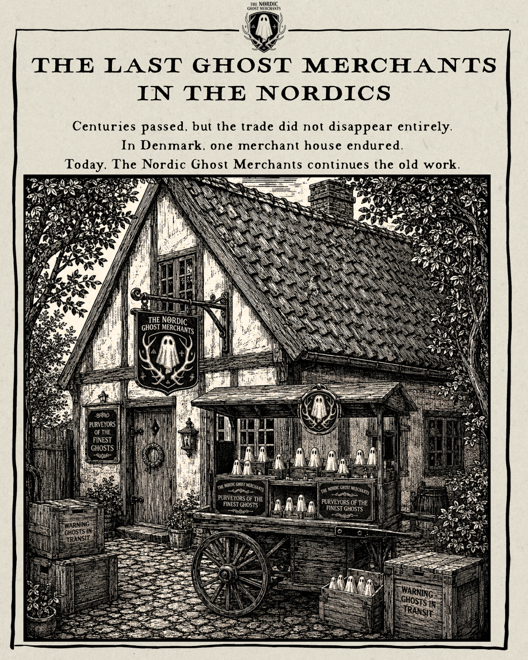 A 1600s woodcut style image depicting the history of the Ghost Merchants Guild and The Nordic Ghost Merchants.