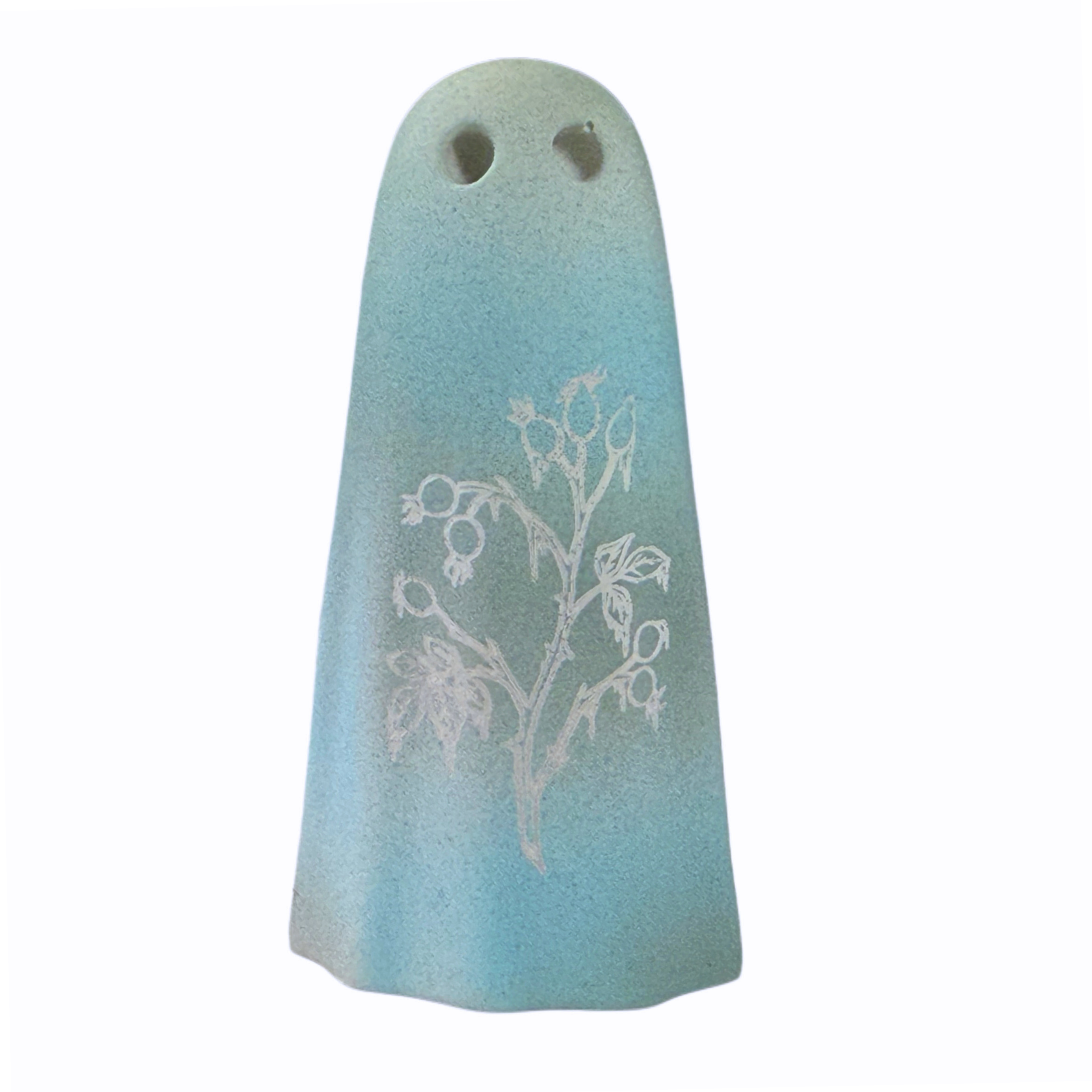 Blue and grey handmade ghost figurine with frozen rosehip engraving, by The Nordic Ghost Merchants