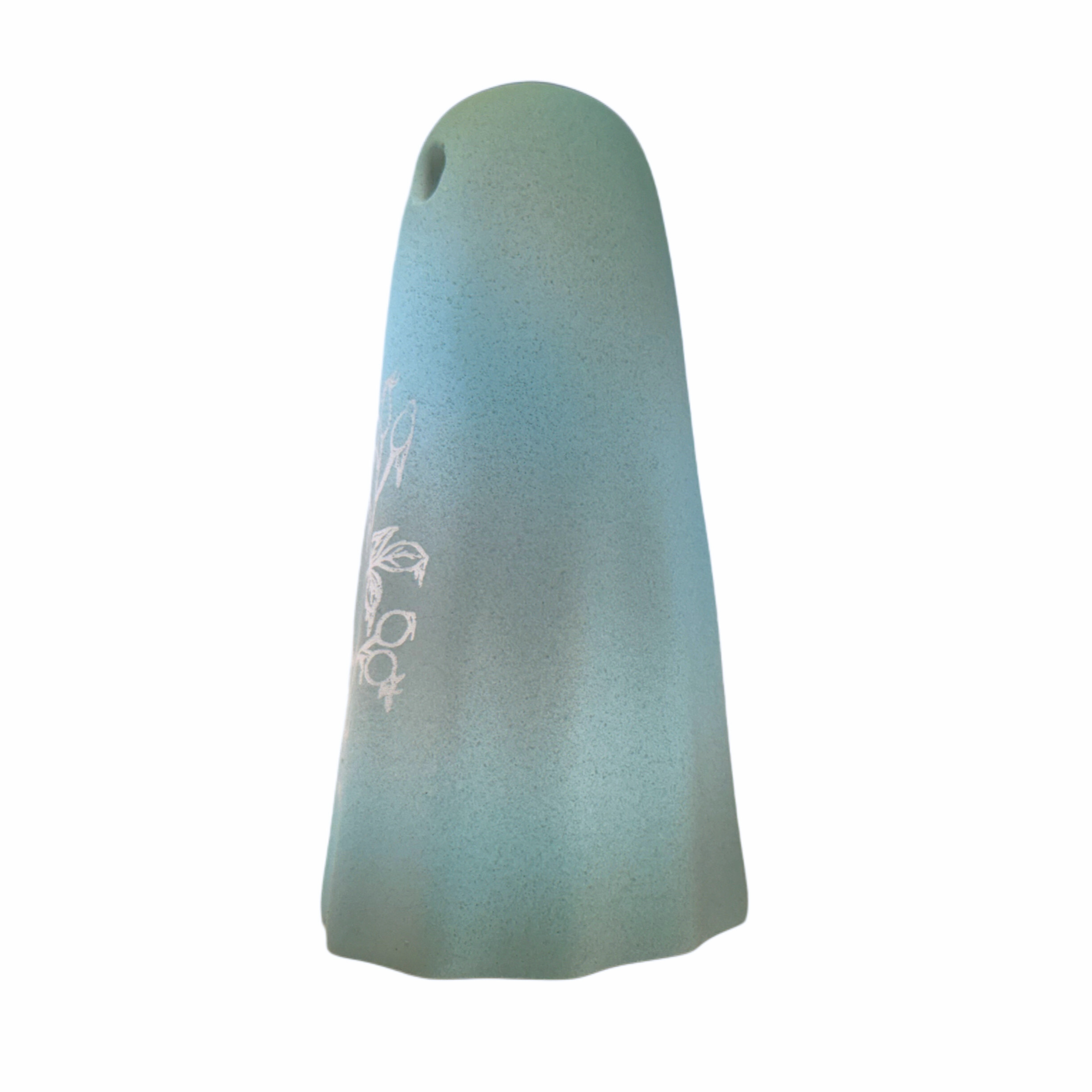 Blue and grey handmade ghost figurine with frozen rosehip engraving, by The Nordic Ghost Merchants