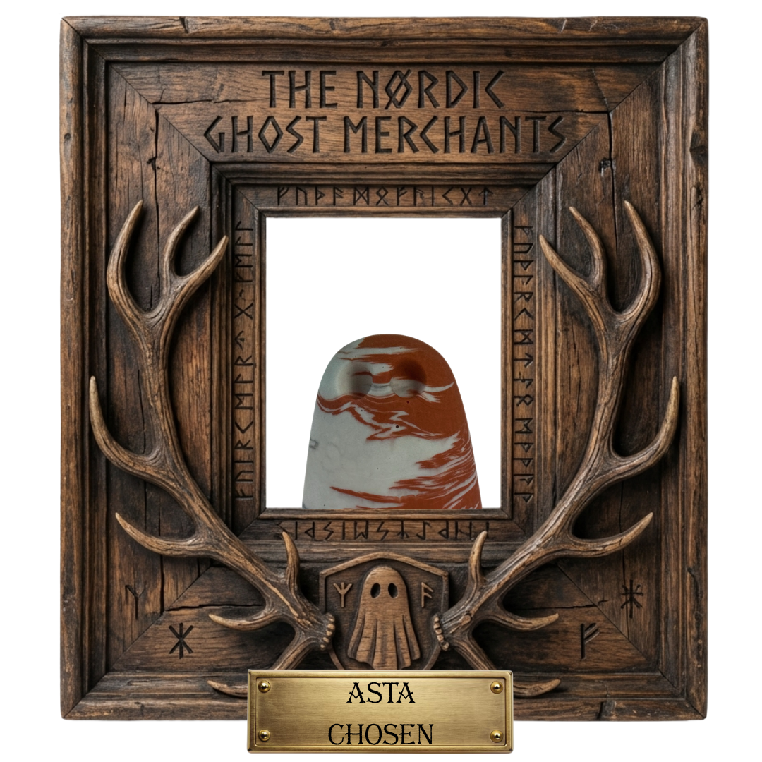 A ghost figure inside a rustic, Viking inspired wooden frame by The Nordic Ghost Merchants. The ghost is ivory with smoke like tendrils of burnt orange. A brass plaque reads "Asta - Chosen"