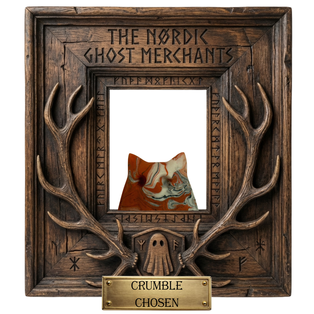A small ghost cat figurine inside a rustic, Viking inspired, wooden frame. The frame is designed to look like a guild emblem and reads The Nordic Ghost Merchants. A brass plaque is engraved with "CRUMBLE - CHOSEN." The ghost cat is marbled with shades of ivory, burnt orange and charcoal.