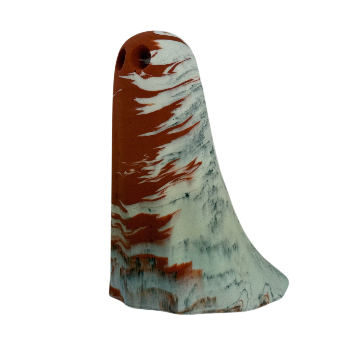 Sophia Windfall Ghost figurine, angled side view showing burnt orange marbling across the crown and cream body with charcoal detailing near the base.