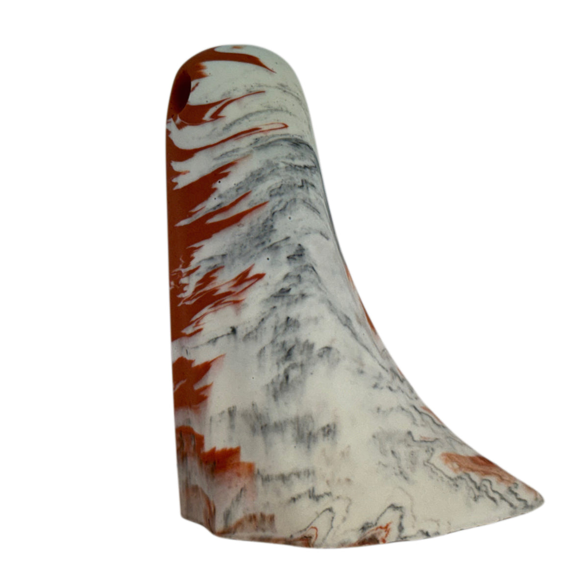 Sophia Windfall Ghost figurine, side view showing cream body with burnt orange and charcoal marbling sweeping across the crown and lower edge.