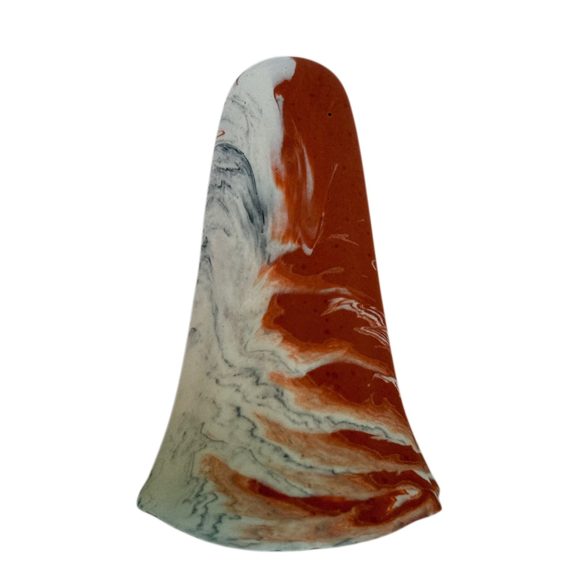 Sophia Windfall Ghost figurine, rear angled view showing cream body with burnt orange and charcoal marbling sweeping across the crown and lower edge.